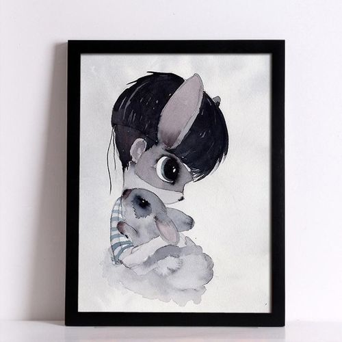 Wekity Lapin Fille Et Garçon Wall Art Toile Impression Affiche, Simple Mignon Aquarelle Art Dessin Decor Pour La Maison Salon Chambre Bureau Et Enfants R