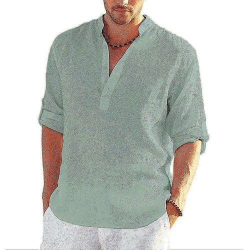 Hommes Coton Lin Look Henley Chemise À Manches Longues Ample Fit Summer Casual Hippie Beach Tee Tops T-Shi