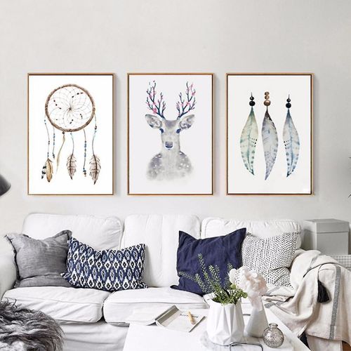 Wekity Plume Et Cerf Wall Art Toile Impression Affiche, Mode Simple Aquarelle Art Dessin Decor Pour La Maison Salon Chambre Bureau Et Enfants R