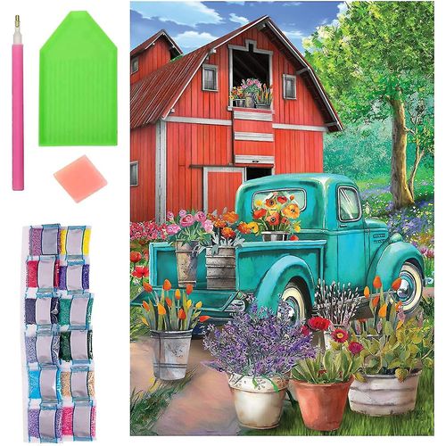 Kits De Peinture Au Diamant, Paysage De Ferme Et De Camion, 5d Bricolage Diamond Arts Full Round Drill Mosaic Wall Art Picture Of Rhinestone (Ferme Au Printemps 2)