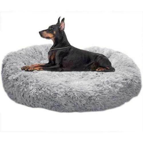 Lit Moelleux Rond Pour Chien Extra Large Lavable Avec Coussin Deluxe Panier Chien Donut Pour Chien Grande Taille L-80cm Gris Clair