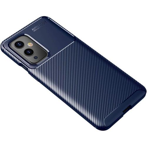 Coque Pour Oneplus 9 Fibre De Carbone Silicone Slim Ultra Fine Anti Choc Avec Verre Trempe Tpu Housse Coque Compatible Avec Oneplus 9 Antichoc Carbon Mate Mat Case Cover Bleu