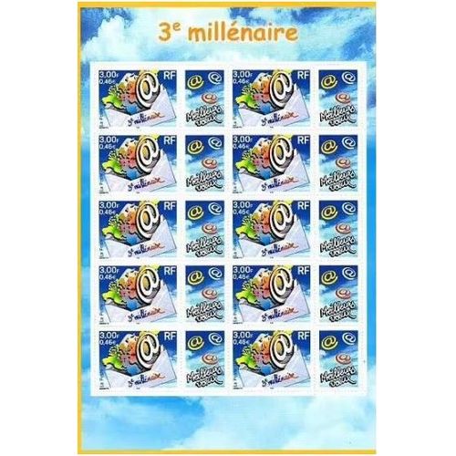 France 2000, Très Beau Bloc Feuillet Neuf** Luxe 3ème Millénaire, Avec 10 Timbres Yvert 3365 Et Vignette Meilleurs Voeux.