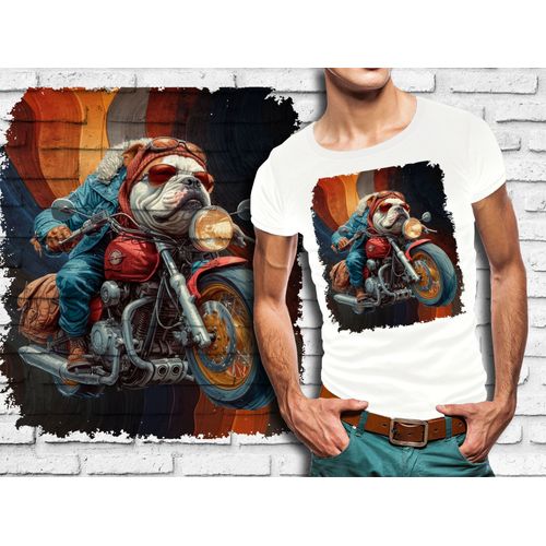 T-Shirt Blanc Homme Chien Bulldog Biker 716
