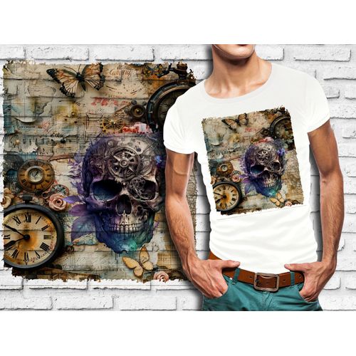 T-Shirt Blanc Homme Skull Steampunk Tete De Mort 712