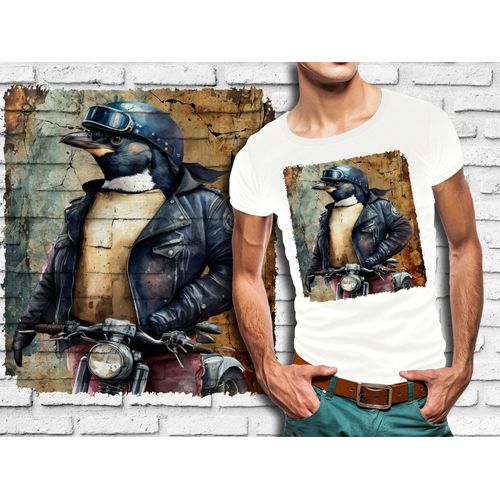 T-Shirt Blanc Homme Pingouin Biker Blouson De Cuir 714
