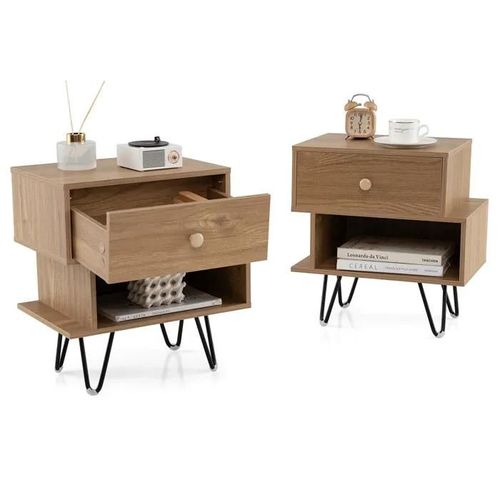 Costway Lot De 2 Table De Chevet Avec Tiroir, 4 Pieds En Métal Surélevés, Compartiment, Design Irrégulier, Pour Chambre, Salon