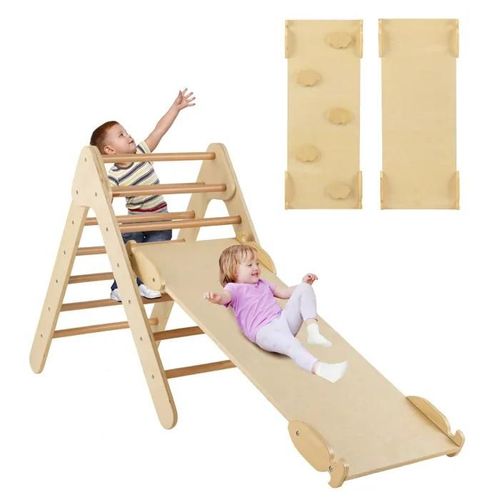 Costway Station De Jeu 3 En 1 Triangle D'escalade Enfant En Bois, Rampe Double Face À Angle Réglable Pour Grimper Et Glisser Naturel