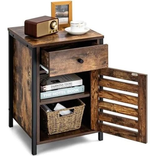 Costway Table De Chevet De Style Industriel Avec Porte Volet Et Etagère Réglable En Hauteur Pour Salon , Chambre, Marron Rustique