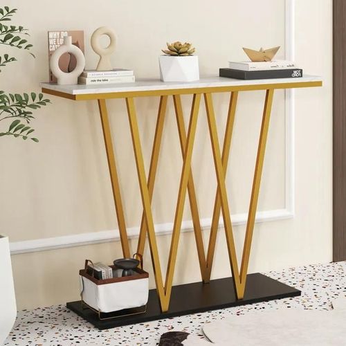 Costway Table Console Effet Marbre - Style Scandinave Géométrique - 100 X 30 X 79 Cm (L X L X H) Cadre En Métal Doré