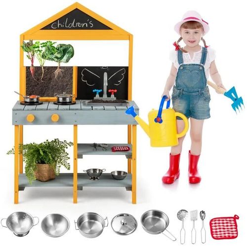 Costway Cuisine Enfants 3 Ans+, 8 Accessoires Avec Tableau Noir & Jardinière En Bois De Sapin, Robinet Rotatif & Evier Amovible Bleu