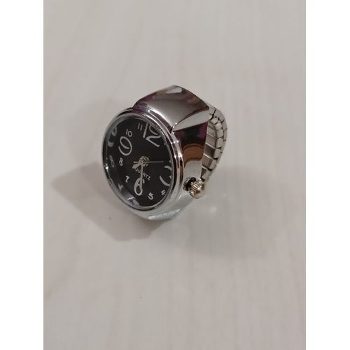 Bague Montre Metal Argenté , Cadrant Rond,Fond Noir