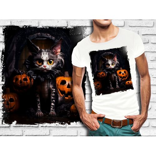 T-Shirt Blanc Homme Style Burton Chat Dark Halloween Bad Cat 808