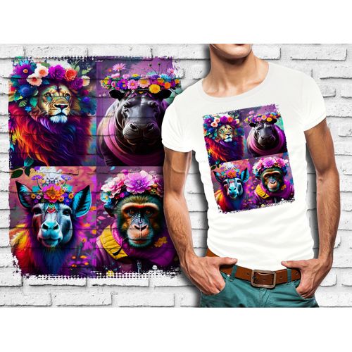 T-Shirt Blanc Homme Animaux Multicouleur Fleurs 735