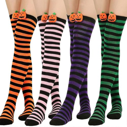 Chaussettes D¿Halloween Chaussettes Hautes Au Genou Chaussettes Hautes Sur Le Genou Chaussettes Longues Rayées Jambières 4 Paires De Chaussettes Hautes Pour Femmes Filles