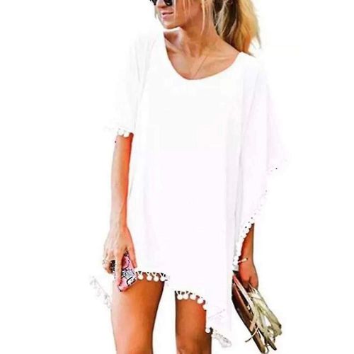 Femmes Beach Cover Up Robe Summer Beach Pom Pom Tassel Hem Bikini Maillots De Bain Cover-Up Sarong T-Shirt