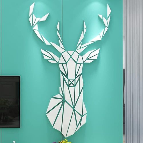 Sticker mural 3D miroir cerf - 3D - Autocollant mural tridimensionnel - Décoration murale - Pour salon, chambre à coucher, canapé, arrière-plan - Art mural (S, blanc)
