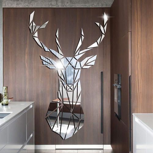 3D Miroir Cerf Stickers Muraux Arts Décoration Murale pour Maison Bureau Étude Salon Canapé Fond Stickers Murau Home Decor Autocollant Mural (Argent, S)