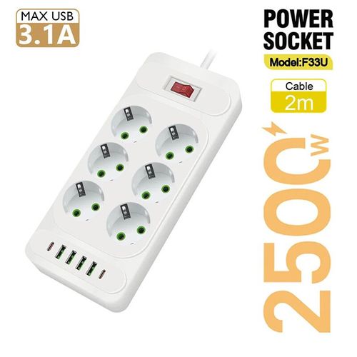 Multiprise prise UE avec ports USB de type C,multiprise CA,rallonge de 2m,filtre réseau,maison et bureau - Type White #A