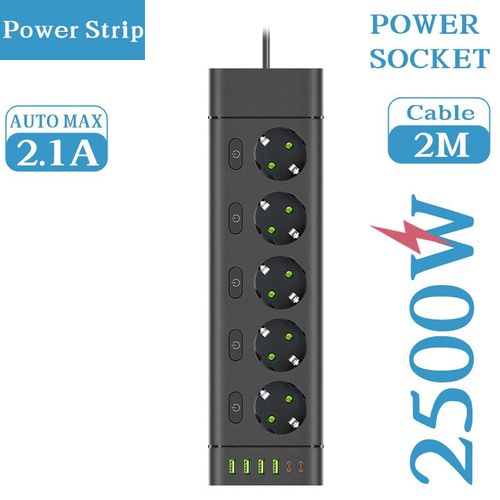 Multiprise UE multiprise,prises de courant de contrôle indépendantes,rallonge de 2m,prise électrique avec 4 ports USB 2 Type-C - Type 5 Sockets-Black