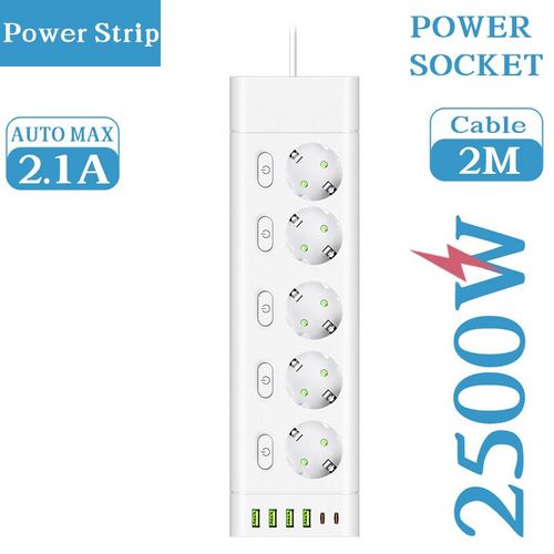 Multiprise UE multiprise,prises de courant de contrôle indépendantes,rallonge de 2m,prise électrique avec 4 ports USB 2 Type-C - Type 5 Sockets-White