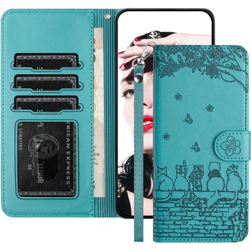 Coque Pour Iphone 15 Pro Max(6.7 Pouces¿,Étui À Rabat Housse En Cuir,Chat Pochette De Portefeuille,Étui Fentes Pour Cartes, Magnétique Antichoc En Béquille Flip Case,Turquoise