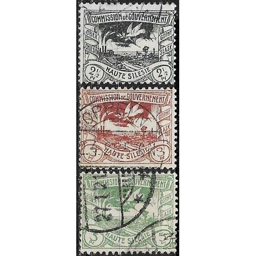 Pologne, Région De Haute Silésie Sous Adm Française 1920, Beaux Timbres Yvert 31 32 33, Colombe De La Paix Au Dessus D'une Mine De Charbon, Libellés "Commission De Gouvernement", Oblitérés, Tbe.