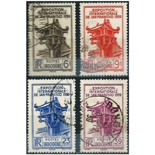 Indochine (Actuel Vietnam), Colonie Française 1939, Belle Série Complète Timbres Yvert 205 À 208, Exposition Internationale De San Francisco, Pagode À Pilier Unique Mol-Cot À Hanoï, Oblitérés, Tbe -