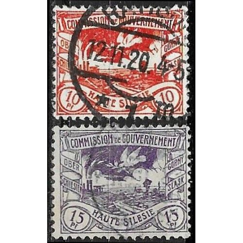 Pologne, Région De Haute Silésie Sous Adm Française 1920, Beaux Timbres Yvert 34 35, Colombe De La Paix Au Dessus D'une Mine De Charbon, Libellés "Commission De Gouvernement", Oblitérés, Tbe.