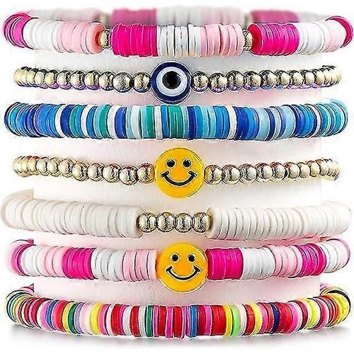 7pcs Preppy Bracelets Empilables Coloré Happy Smile Evil Eyes Stretch Bracelets Y2k Charms Faits À La Main