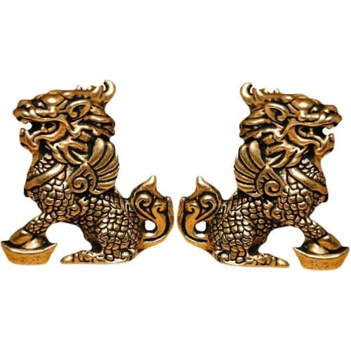 2pcs Licorne Ornement Chance Kylin Figurine Bureau Topper En Laiton Chinois Kylin Statue Stock Ticker feng Richesse Sculpture Dragon Mini Figurine en laiton kylins