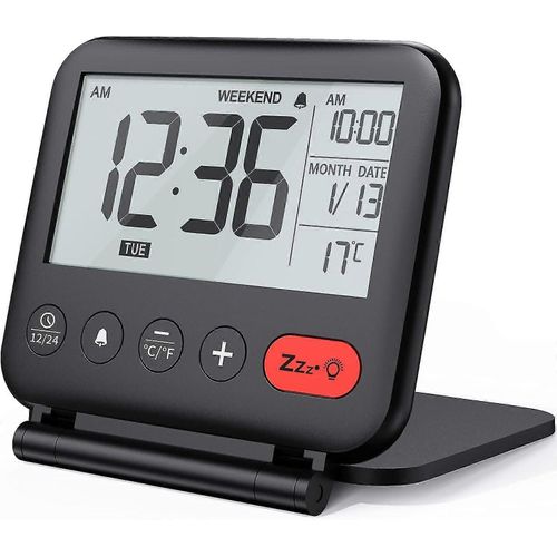 Réveil de voyage Mini Portable LCD Horloge Numérique avec Rétro-éclairé Calendrier 12/24H Température Maquillage Miroir Petit Pliant Horloge De Bureau À Piles