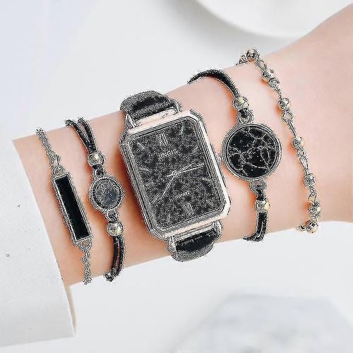 5pcs Set Montres Femmes Mode Carré Vert Cadran Cuir Dames Bracelet Montres Set Quartz Montre-Bracelet Noir Horloge Dropshipping