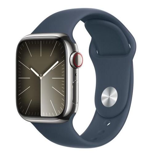 Apple Watch Series 9 Gps + Cellular - Boîtier Acier Inoxydable 41 Mm Argent Bleu Orage - Bracelet S/M