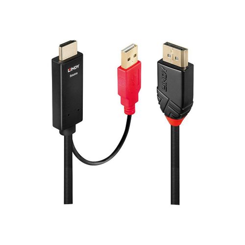 Lindy - Câble vidéo/audio - HDMI, USB mâle pour DisplayPort mâle - 5 m - blindé - noir - support 4K, rond, actif