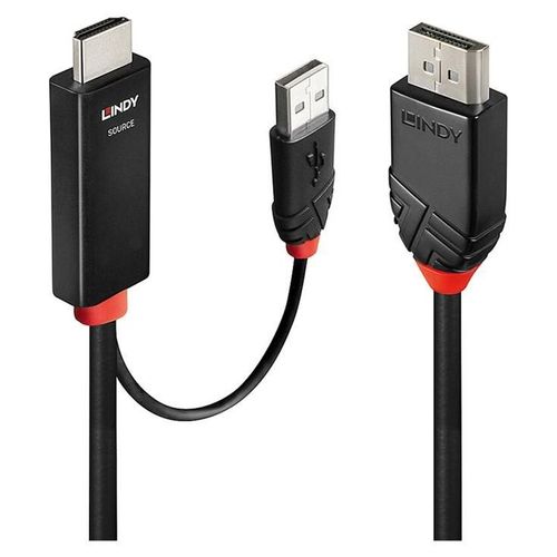 Lindy - Câble adaptateur - HDMI, USB mâle pour DisplayPort mâle - 2 m - blindé - noir - support pour 4K60Hz, rond, actif