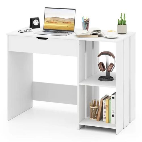 Bureau Informatique Avec Plateau Relevable - Costway - Compartiment Caché - 2 Étagères De Rangement Ouvertes-Blanc