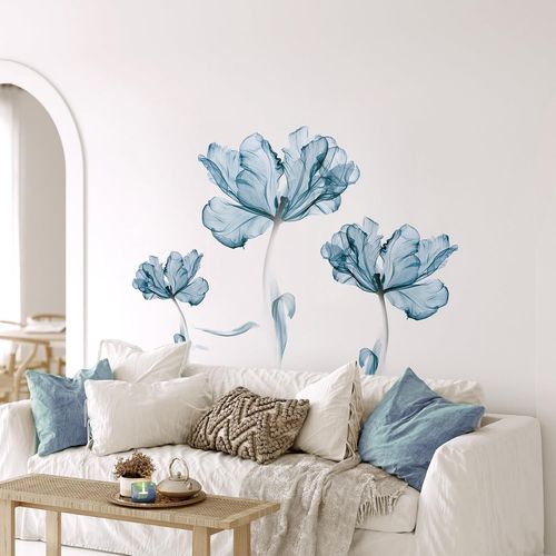 Stickers Muraux Fleuri Bleu - Sticker Mural Fleur de Lotus pour Femmes - Salons Chambres Bureaux Canapé Fond Décoration