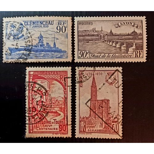 Timbres France 1939 Sujets Divers Cuirassé Clémenceau, Grégoire De Tours & Sites Et Monuments