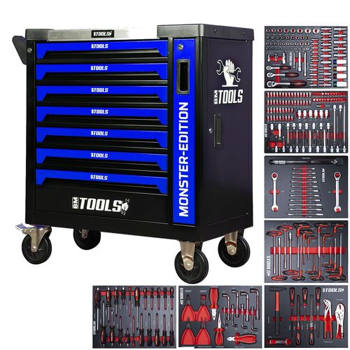 Servante d'atelier BM TOOLS 9/7 MONSTER-EDITION-BLUE 7 tiroirs pleins, 1 porte & 1 tiroir vertical - 257 outils - Sur roulettes