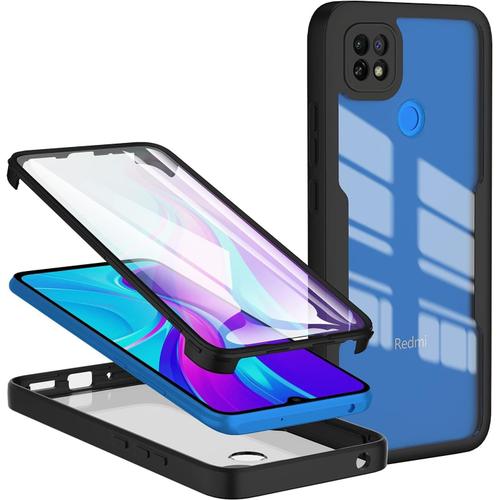 Coque Pour Xiaomi Redmi 9c/ Redmi 10a/ Redmi 9c Nfc, Étui De Téléphone Antichoc Avec Protège Écran, 360 Protection Complet Portable Double Face Transparent Bumper Robuste Intégrale Housse- Noir