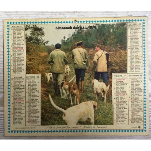 Calendrier Almanach Ptt 1974 Chasseur Chien Chasse