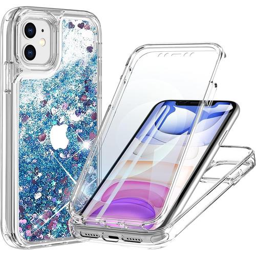 Coque Pour Iphone 11 6.1'', Etui Glitter Paillette Avec Protecteur D'écran Intégré 360 Degré Antichoc Silicone Tpu Transparente Housse Anti-Rayures Bumper Intégrale Case - Bleu