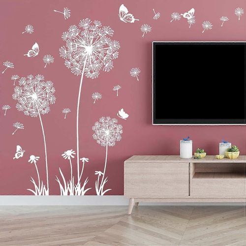 Stickers muraux pissenlit blanc fleur Stickers muraux papillons volant Wall Art déco pour salon chambre canapé TV Wall Decor