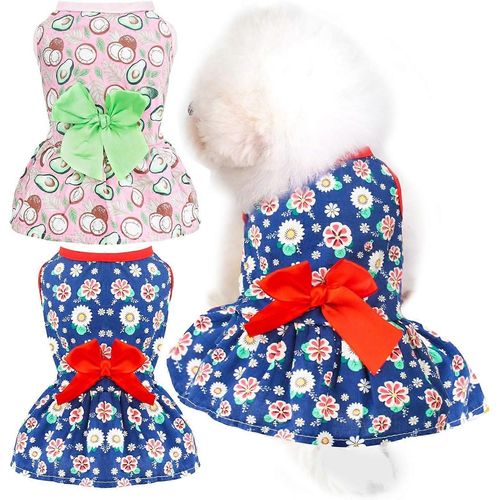 2 Pack Petit Chien Robe Doux Coton D¿Été Chien Vêtements Drôle Drôle Floral Avocat Chiot Princesse Robe Mignon Bowknot Chien Robes (Bleu/Rose, L)