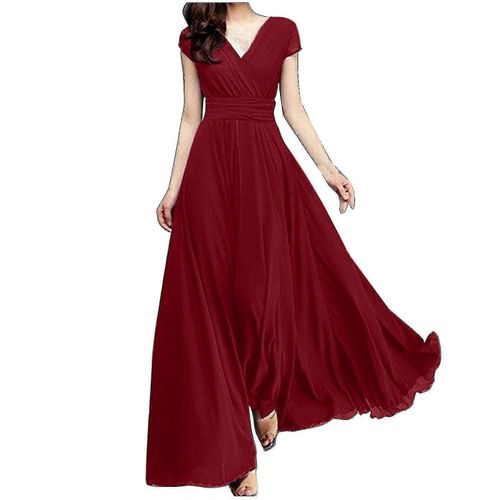 Col En V Pour Femme Couleur Unie Manches Courtes Mousseline Taille Fermeture Robe De Soirée