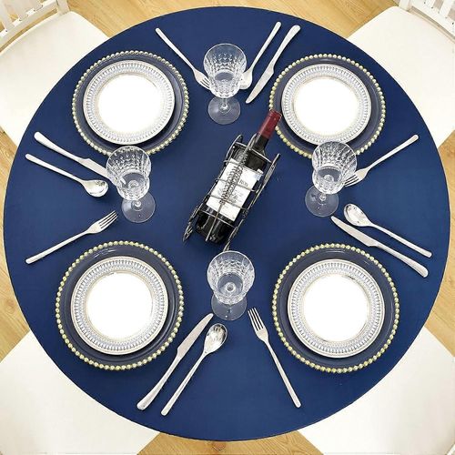 Nappe Ronde En Vinyle Pour Patio Intérieur Et Extérieur, Parfaite Pour Noël / La Maison, Essuyable À L¿Huile Imperméable À L¿Huile, Bleu Marine Convient À 45-56 Pouces (Environ 114,3-142,2 Cm)