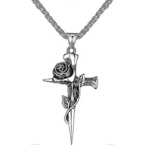 Collier Pendentif Croix Vintage Pour Hommes Femmes Rose Fleur En Acier Inoxydable Gothique Punk Bijoux, Colliers De Vélo Rappeur Personnalisés Avec Chaîne De 24 Pouces, Fn