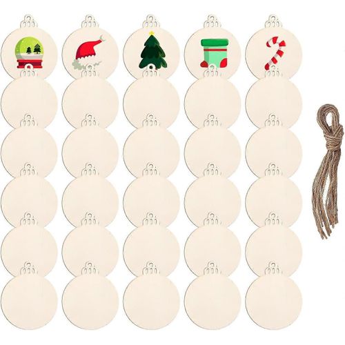 30 Pcs Boules de Noël en bois naturel pour l¿artisanat, Ornements en bois naturel avec ficelle pour la décoration de l¿arbre de Noël