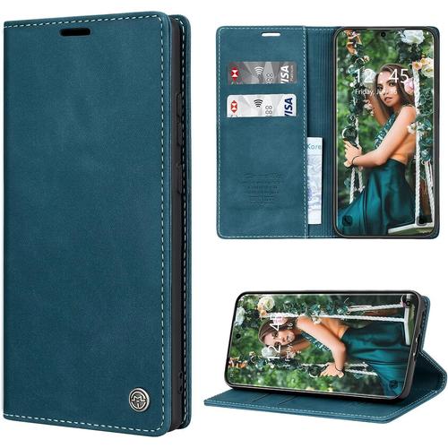 Coque Pour Samsung Galaxy S23 Cuir Etui Housse Premium Pu Portefeuille [Magnétique][Porte Cartes][Stand Fonction]Protection Rabat Case Pour Samsung Galaxy S23 - Bleu-Vert